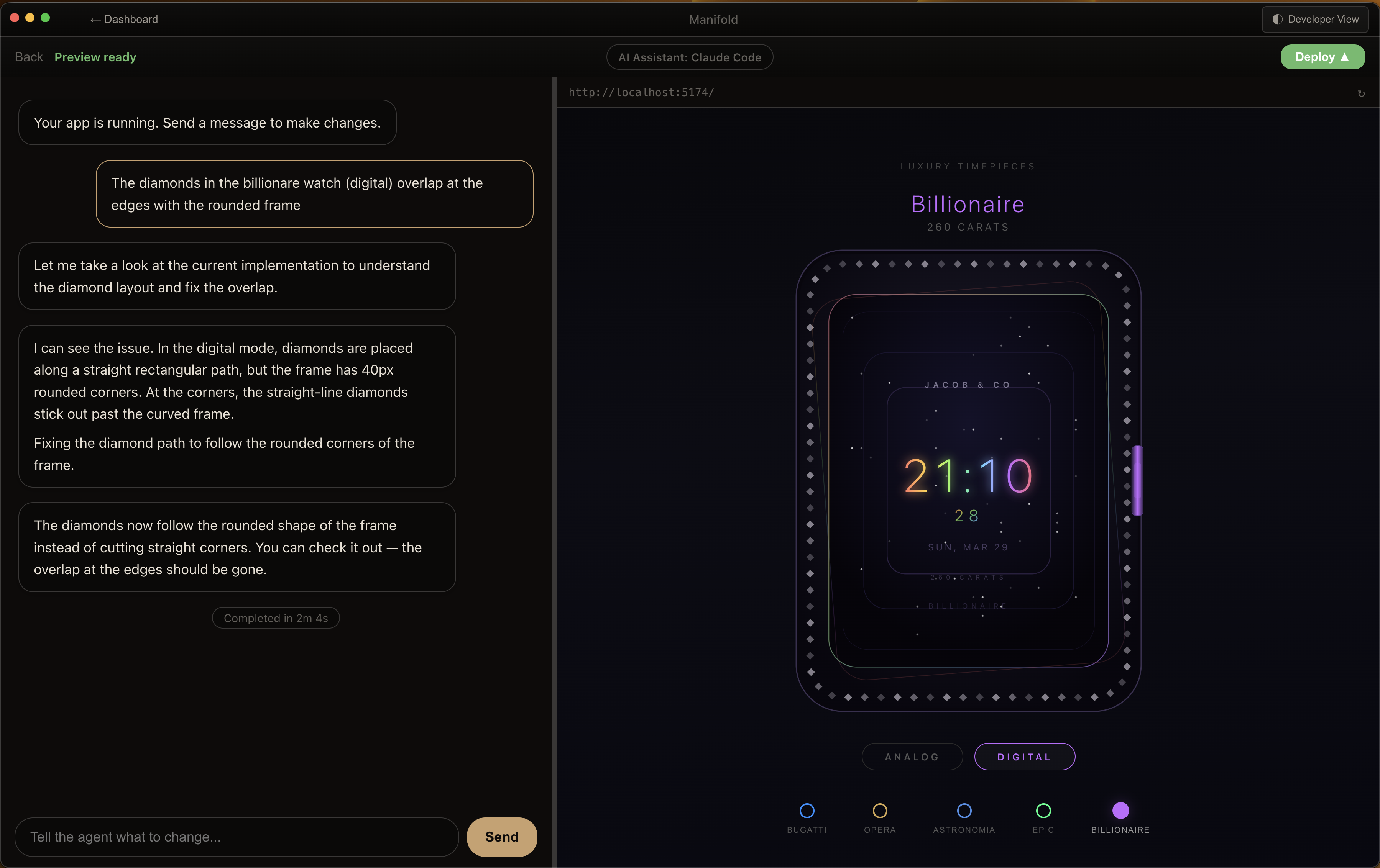 Manifold Simple View showing an AI agent building a watch face app with live preview